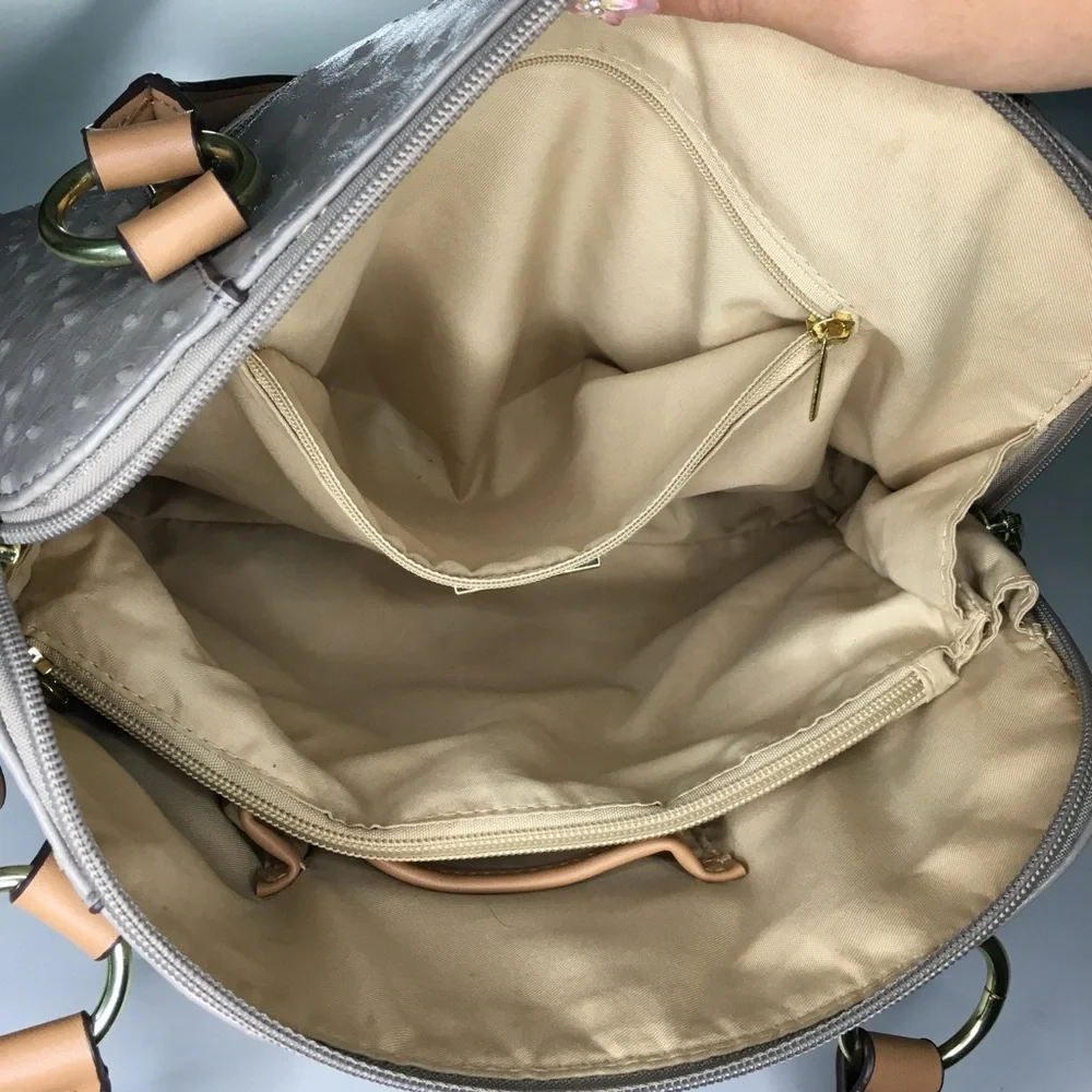 Taupe Ostrich & Tan Faux Leather Handbag